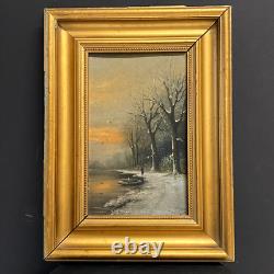 Tableau Ancien HSP Coucher Soleil Paysage Lacustre Enneigé Animé Signé