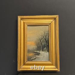 Tableau Ancien HSP Coucher Soleil Paysage Lacustre Enneigé Animé Signé