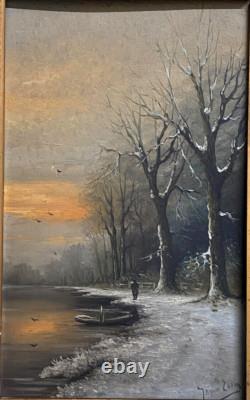 Tableau Ancien HSP Coucher Soleil Paysage Lacustre Enneigé Animé Signé