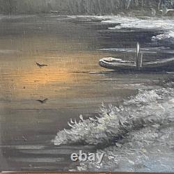 Tableau Ancien HSP Coucher Soleil Paysage Lacustre Enneigé Animé Signé