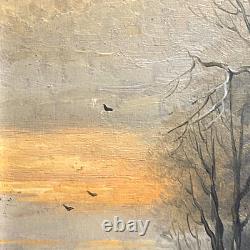 Tableau Ancien HSP Coucher Soleil Paysage Lacustre Enneigé Animé Signé