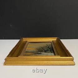 Tableau Ancien HSP Coucher Soleil Paysage Lacustre Enneigé Animé Signé