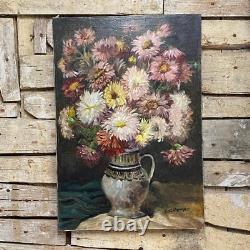 Tableau Ancien HST Fleurs dans Pichet Castex Degrange French Still Life 19th