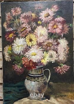 Tableau Ancien HST Fleurs dans Pichet Castex Degrange French Still Life 19th