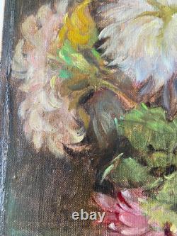 Tableau Ancien HST Fleurs dans Pichet Castex Degrange French Still Life 19th