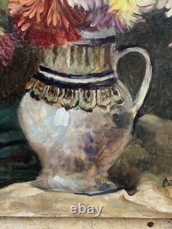 Tableau Ancien HST Fleurs dans Pichet Castex Degrange French Still Life 19th