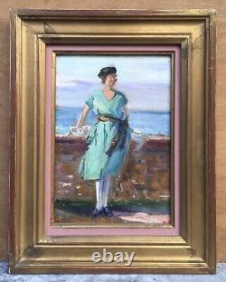 Tableau Ancien Huile André NIVARD (1880-1969) Portrait Femme en Vert Bord de Mer