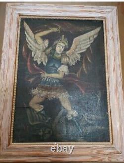 Tableau Ancien Huile Archange Saint Michel et le démon. Ecole de Cuzco XIXème