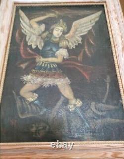 Tableau Ancien Huile Archange Saint Michel et le démon. Ecole de Cuzco XIXème