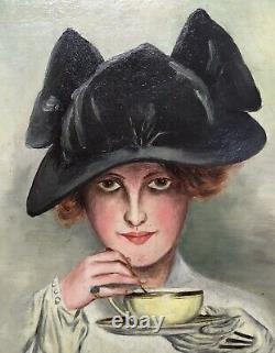 Tableau Ancien Huile Art Nouveau Berthier Portrait Femme Mode Chapeau Tasse Thé