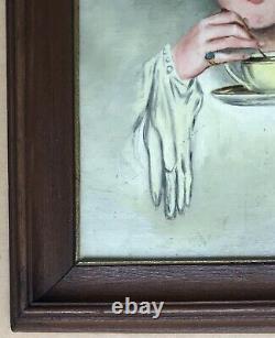 Tableau Ancien Huile Art Nouveau Berthier Portrait Femme Mode Chapeau Tasse Thé
