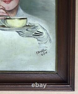 Tableau Ancien Huile Art Nouveau Berthier Portrait Femme Mode Chapeau Tasse Thé