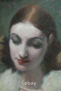 Tableau Ancien Huile Beau Portrait Femme collier perles 40 x 30 cms