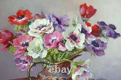 Tableau Ancien Huile Bouquet Fleurs Anémones Signé DE PYERNE 46 x 55 cms