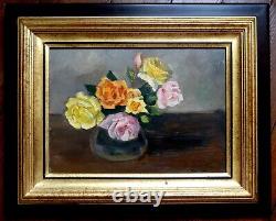 Tableau Ancien Huile Bouquet Fleurs Roses avec cadre DELF Gustave Aly né 1940