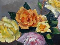 Tableau Ancien Huile Bouquet Fleurs Roses avec cadre DELF Gustave Aly né 1940