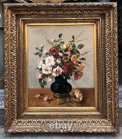 Tableau Ancien Huile Bouquet de Fleurs Roses Eugène Henri CAUCHOIS (1850-1911)