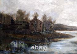Tableau Ancien Huile C Hermans rivière, bois, maison Bois XIXe 44 x 24 cm