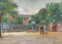 Tableau Ancien Huile French Panneau Saverne Alsace Jour de Marché Chevaux Signé