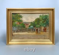 Tableau Ancien Huile French Panneau Saverne Alsace Jour de Marché Chevaux Signé