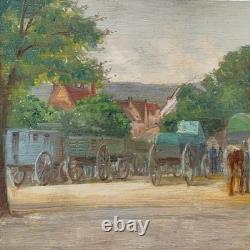 Tableau Ancien Huile French Panneau Saverne Alsace Jour de Marché Chevaux Signé