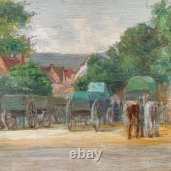 Tableau Ancien Huile French Panneau Saverne Alsace Jour de Marché Chevaux Signé