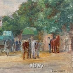 Tableau Ancien Huile French Panneau Saverne Alsace Jour de Marché Chevaux Signé