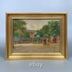 Tableau Ancien Huile French Panneau Saverne Alsace Jour de Marché Chevaux Signé