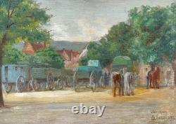 Tableau Ancien Huile French Panneau Saverne Alsace Jour de Marché Chevaux Signé