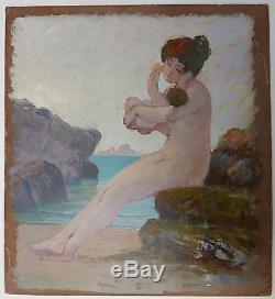 Tableau Ancien Huile GUSTAVE POETZSCH Nu Féminin Rocher Plage Marine Enfant 1910