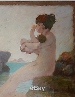 Tableau Ancien Huile GUSTAVE POETZSCH Nu Féminin Rocher Plage Marine Enfant 1910