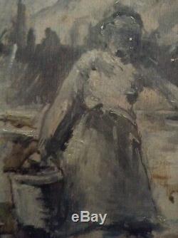 Tableau Ancien Huile Impressionniste Femme au Labeur style Eugène Boudin