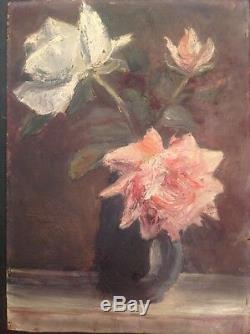 Tableau Ancien Huile Impressionniste Roses dans un vase