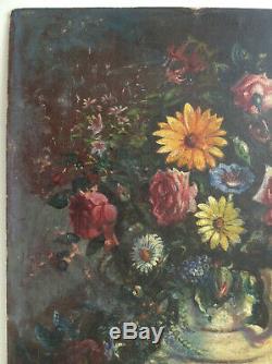 Tableau Ancien Huile Impressionniste Superbe Bouquet de Fleurs A Restaurer c1908