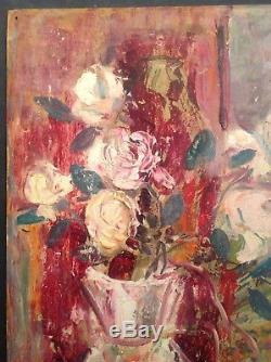 Tableau Ancien Huile Impressionniste Superbe Bouquet de Roses double face signé
