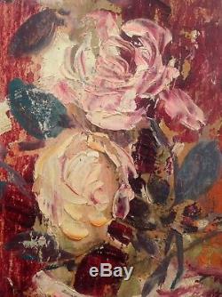 Tableau Ancien Huile Impressionniste Superbe Bouquet de Roses double face signé