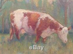 Tableau Ancien Huile Impressionniste Vache rousse au pré style Félix Planquette
