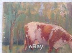 Tableau Ancien Huile Impressionniste Vache rousse au pré style Félix Planquette