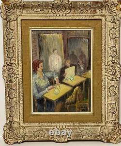 Tableau Ancien Huile Impressionniste XXème. Scène d'intèrieur. Café