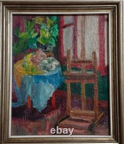 Tableau Ancien Huile Impressionniste XXème. Scène d'intèrieur. Chambre