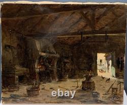Tableau Ancien Huile Interieur Atelier Forgeron Alexandre Bailly (1866-1947) XIX