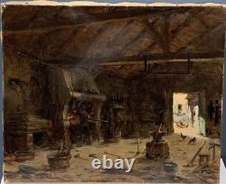 Tableau Ancien Huile Interieur Atelier Forgeron Alexandre Bailly (1866-1947) XIX