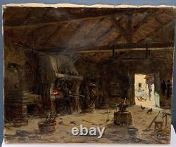 Tableau Ancien Huile Interieur Atelier Forgeron Alexandre Bailly (1866-1947) XIX