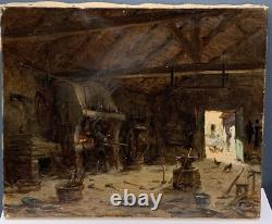 Tableau Ancien Huile Interieur Atelier Forgeron Alexandre Bailly (1866-1947) XIX