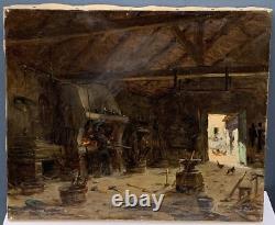Tableau Ancien Huile Interieur Atelier Forgeron Alexandre Bailly (1866-1947) XIX