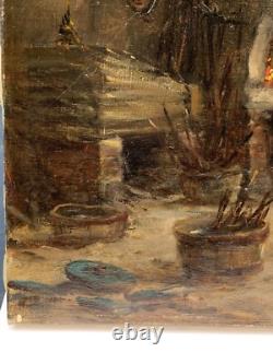 Tableau Ancien Huile Interieur Atelier Forgeron Alexandre Bailly (1866-1947) XIX
