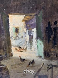Tableau Ancien Huile Interieur Atelier Forgeron Alexandre Bailly (1866-1947) XIX