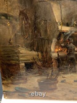 Tableau Ancien Huile Interieur Atelier Forgeron Alexandre Bailly (1866-1947) XIX