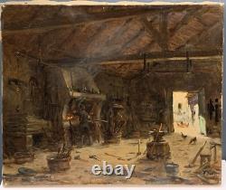 Tableau Ancien Huile Interieur Atelier Forgeron Alexandre Bailly (1866-1947) XIX