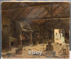 Tableau Ancien Huile Interieur Atelier Forgeron Alexandre Bailly (1866-1947) XIX